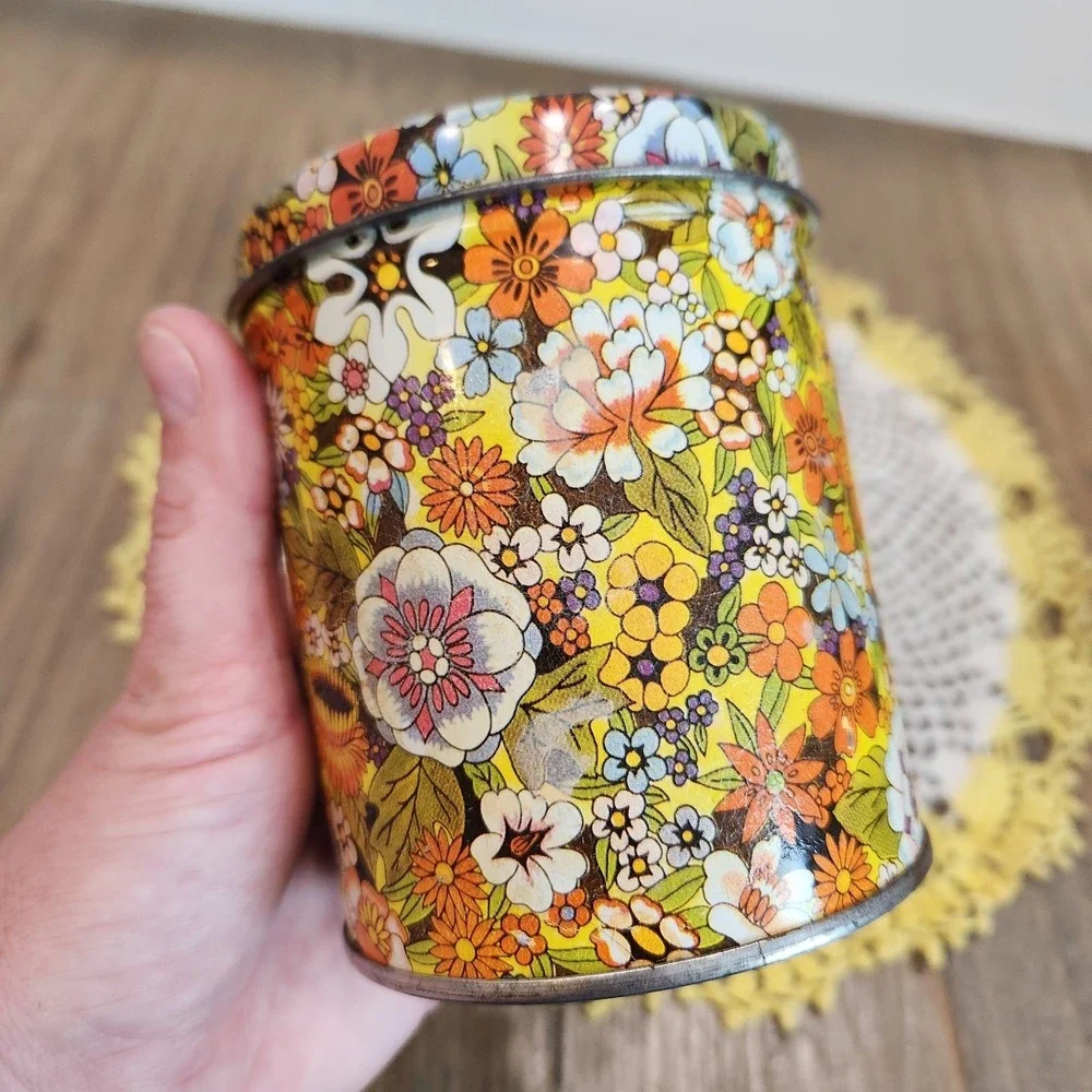 Vintage 70s Set Of 2 Floral Canister Hippie Retro Tins MCM Flower Power 4.5in